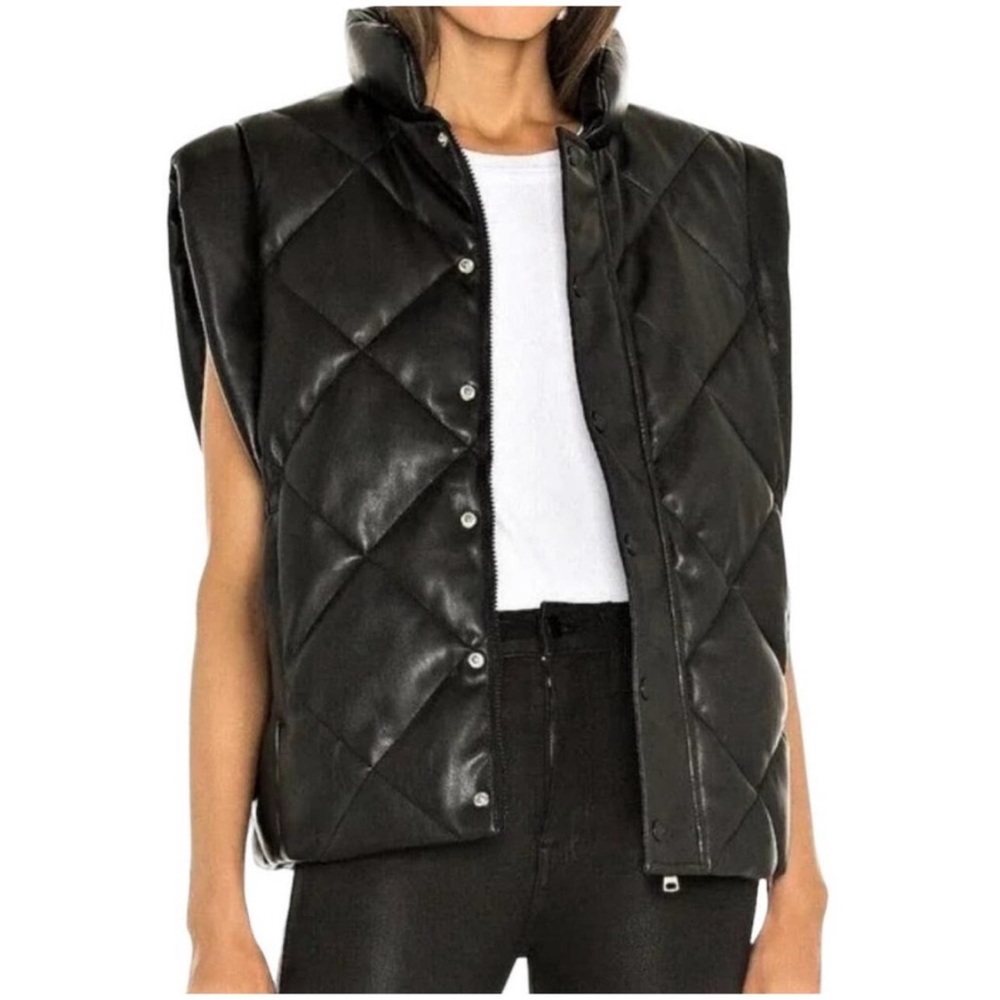 NWT- Pistola Calista Black Quilted Puffer Vest- Size Large- PU Leather